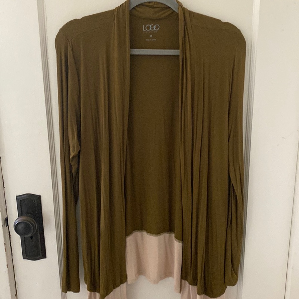 Logo by Lori Goldstein olive green and cream cardigan open style